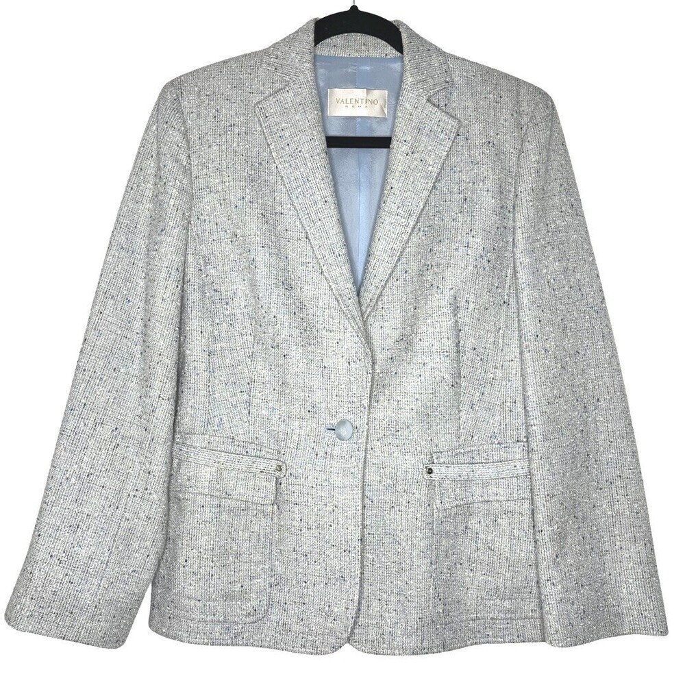 Vintage 90s Valentino Roma Womens Blazer 10 Blue Cotton Tweed Designer Italian